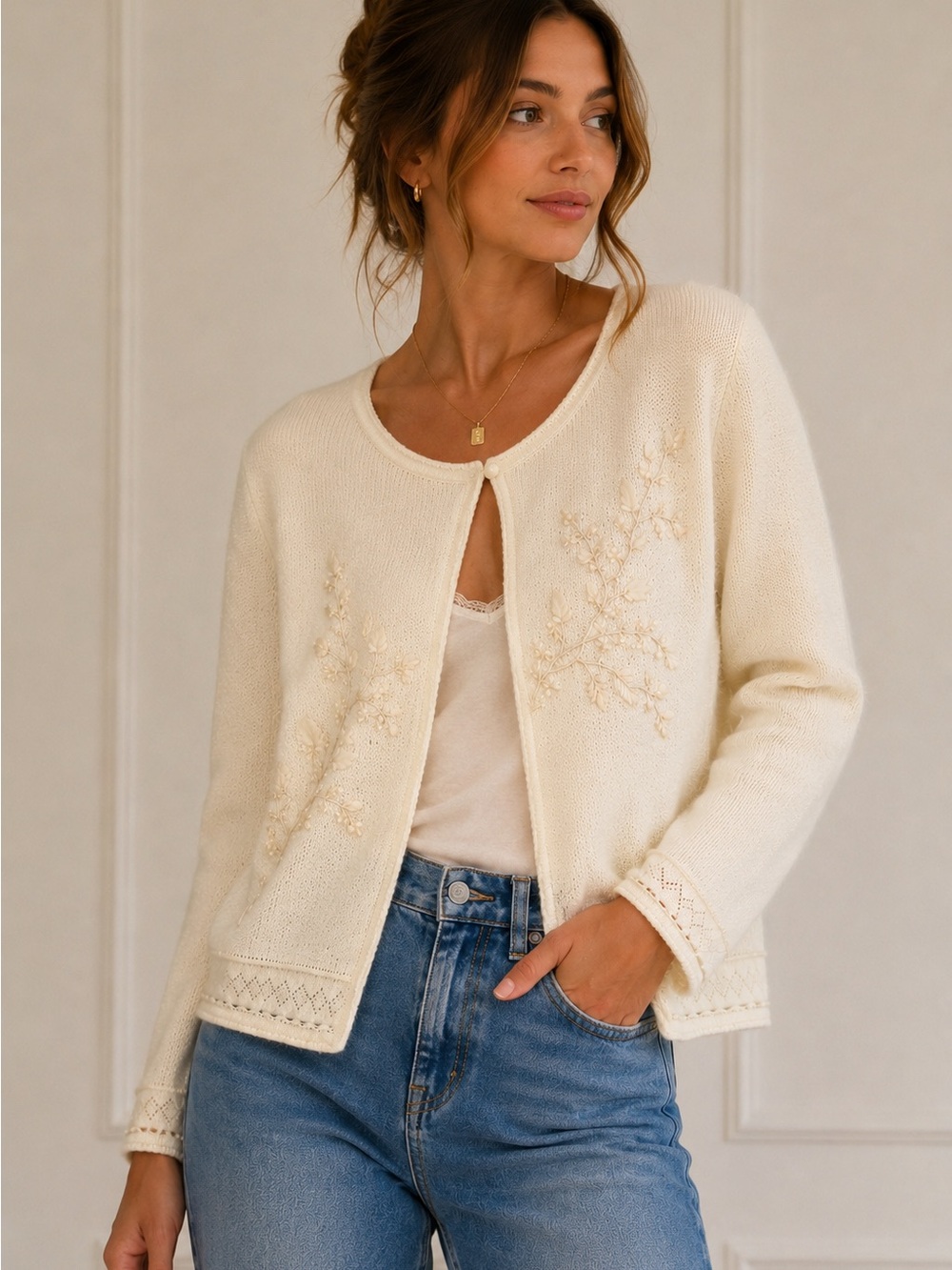 Koret Embellished Cardigan Sweater Size Medium Ivory Vintage Cottagecore